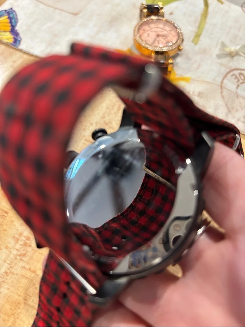 Fossil Black Dial Chronograph Watch with Red and Black Plaid Strap